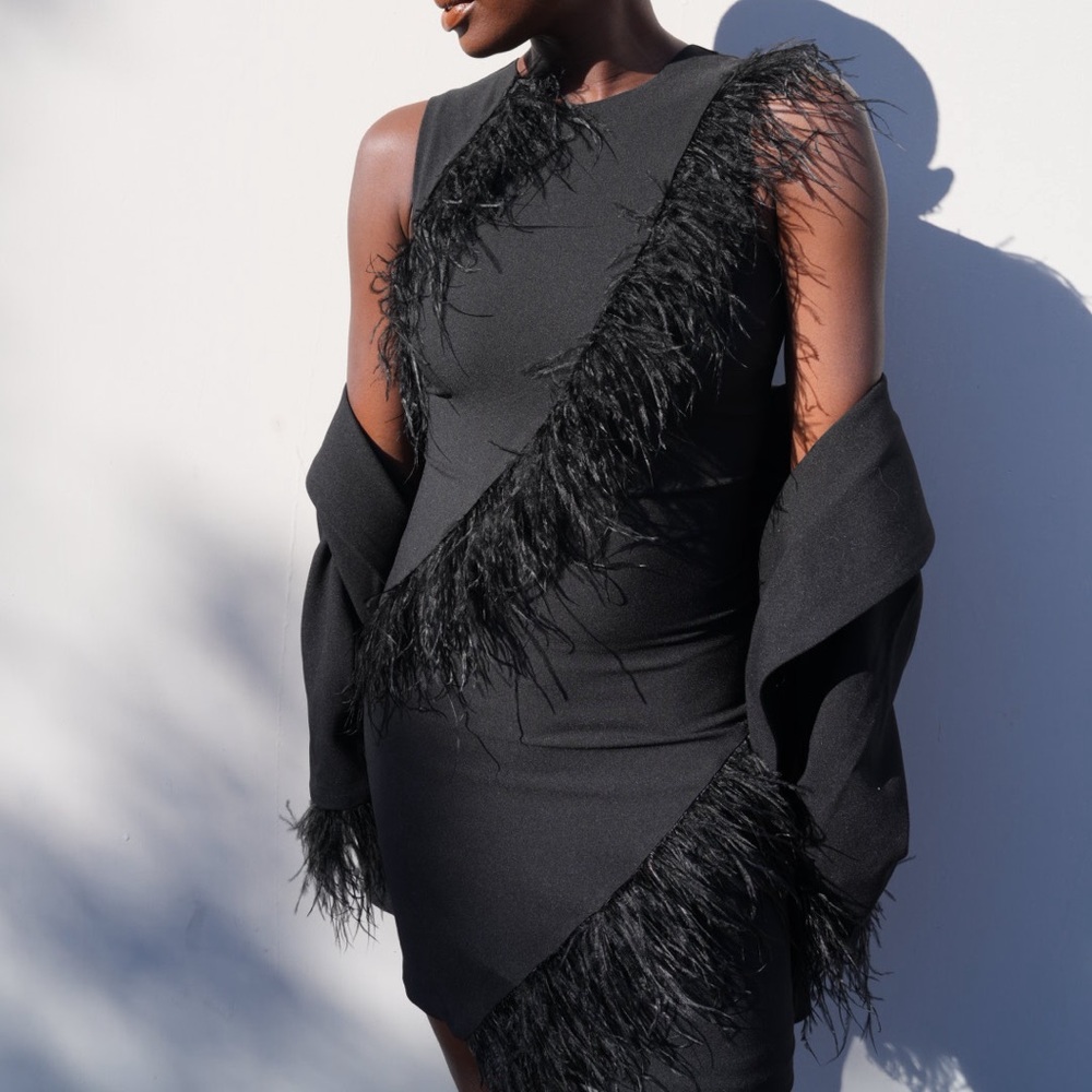 Black Sleeveless diagonal feather mini dress